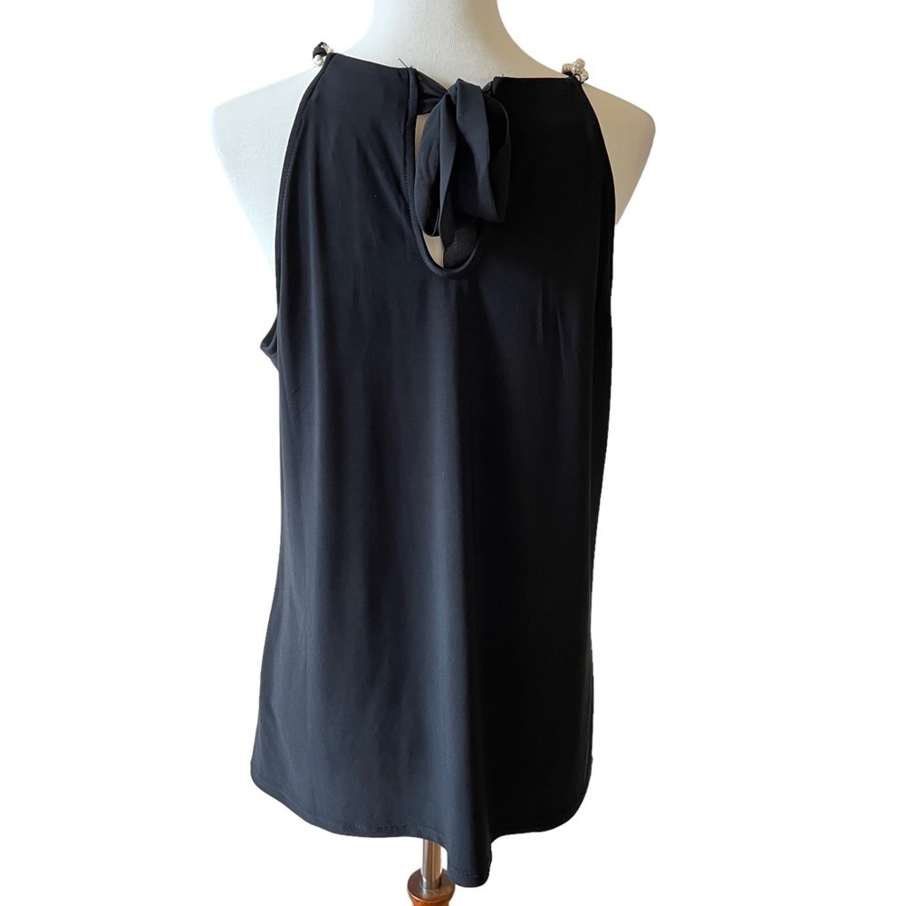 WHBM SLEEVELESS BLOUSE TOP PEARL BEAD NECKLINE BOW TIE BACK BLACK M NWT - Picture 6 of 12
